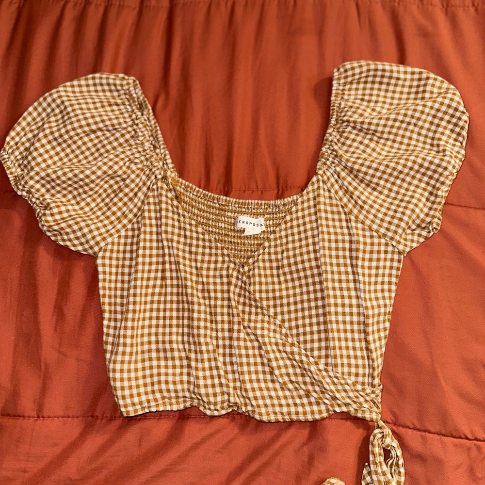 Gingham Puff Sleeve Wrap Top